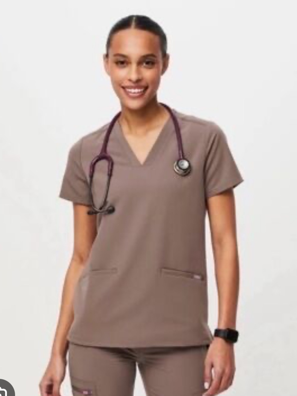 FIGS Women’s Casma three pocket Scrub Top in Smokey Taupe